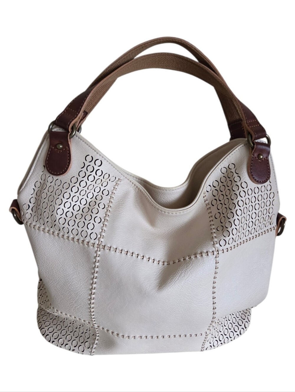 clarks cream patchwork laser-cut faux leather hobo shoulder bag